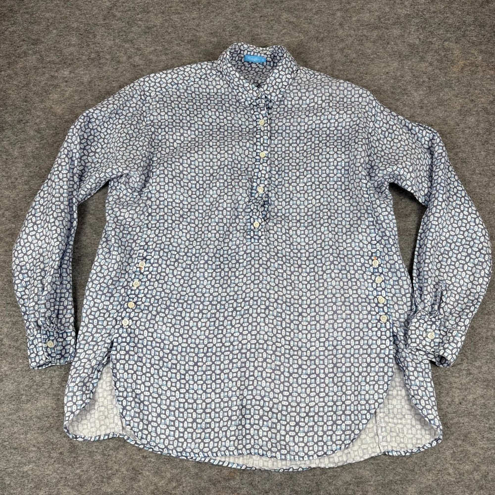 J McLaughlin Fallon Popover Linen Shirt Long Sleeve Geometric‎ Blue Womens XS